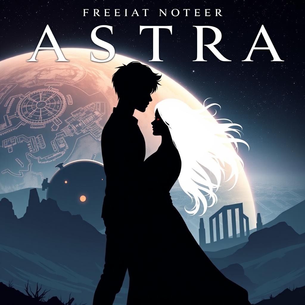 A romantic book cover set in a distant future, illustrating the orbital colony known as Astra with its futuristic design in the background