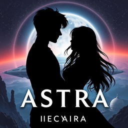 A romantic book cover set in a distant future, illustrating the orbital colony known as Astra with its futuristic design in the background