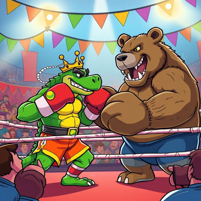 A cartoon-style scene depicting King Wart (also known as Mamu) engaging in a boxing match with a fierce bear inside a boxing ring