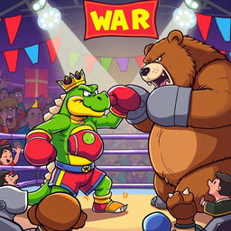 A cartoon-style scene depicting King Wart (also known as Mamu) engaging in a boxing match with a fierce bear inside a boxing ring
