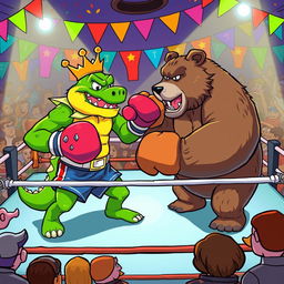A cartoon-style scene depicting King Wart (also known as Mamu) engaging in a boxing match with a fierce bear inside a boxing ring