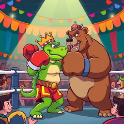 A cartoon-style scene depicting King Wart (also known as Mamu) engaging in a boxing match with a fierce bear inside a boxing ring