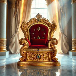 A majestic throne made of gold and adorned with jewels, situated in an opulent royal chamber