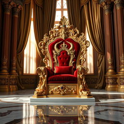 A majestic throne made of gold and adorned with jewels, situated in an opulent royal chamber
