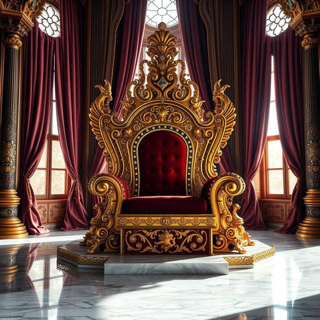 A majestic throne made of gold and adorned with jewels, situated in an opulent royal chamber