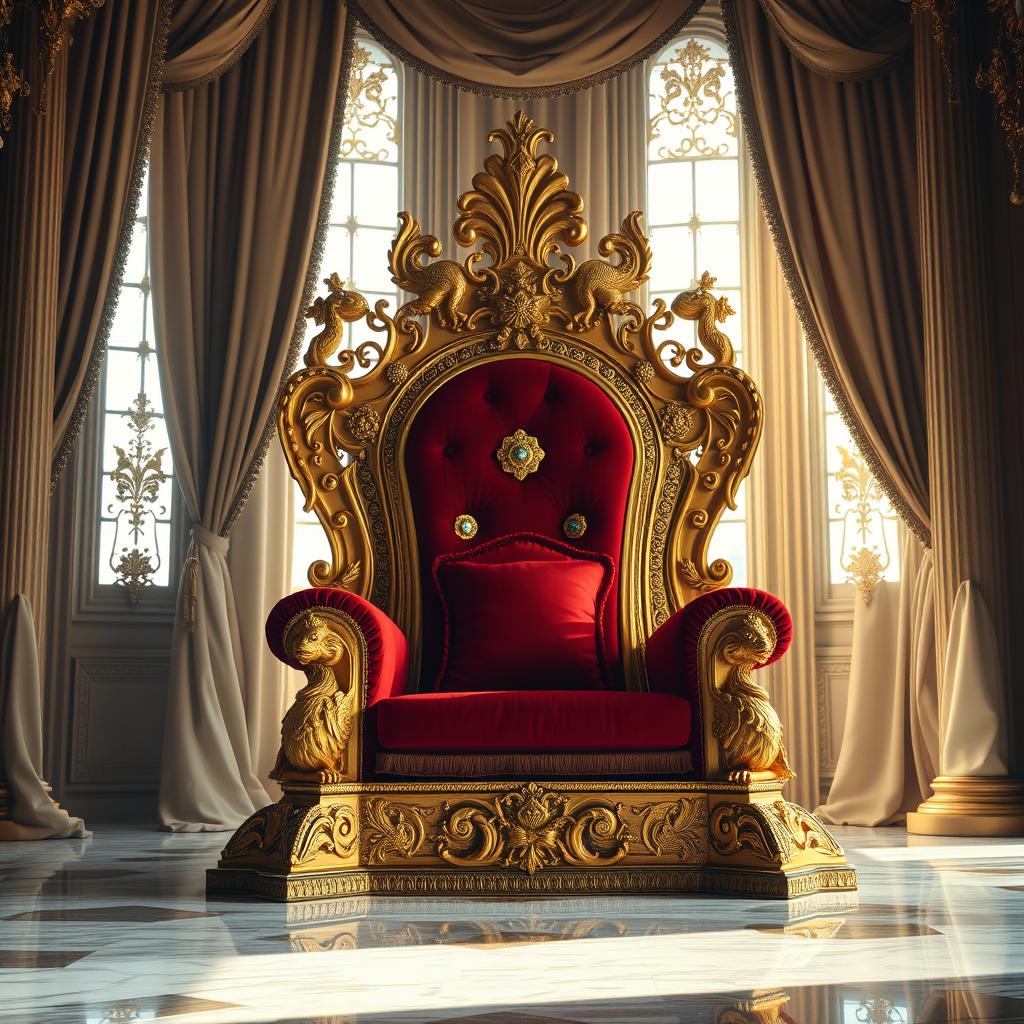 A majestic throne made of gold and adorned with jewels, situated in an opulent royal chamber