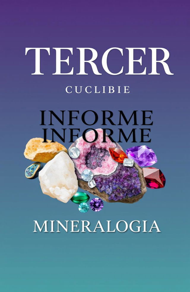 A book cover design featuring the title "TERCER INFORME DE MINERALOGIA" prominently displayed in bold and elegant typography