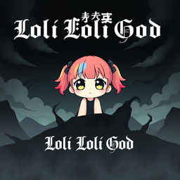 An evocative music cover for a song titled "Loli Loli God", featuring an adorable chibi-style character with big, expressive eyes and colorful hair styled in playful pigtails
