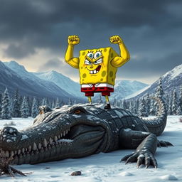 A muscular SpongeBob character, looking angry and dominant, stands triumphantly on top of a dead ancient giant crocodile lying in a snowy forest