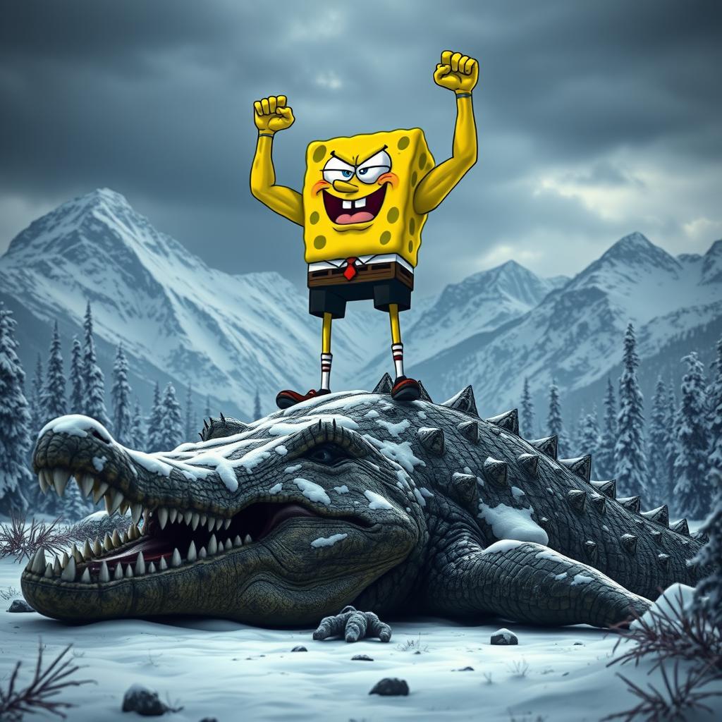 A muscular SpongeBob character, looking angry and dominant, stands triumphantly on top of a dead ancient giant crocodile lying in a snowy forest