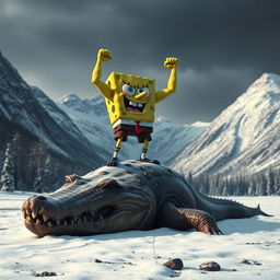 A muscular SpongeBob character, looking angry and dominant, stands triumphantly on top of a dead ancient giant crocodile lying in a snowy forest