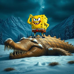 A muscular SpongeBob character, looking angry and dominant, stands triumphantly on top of a dead ancient giant crocodile lying in a snowy forest