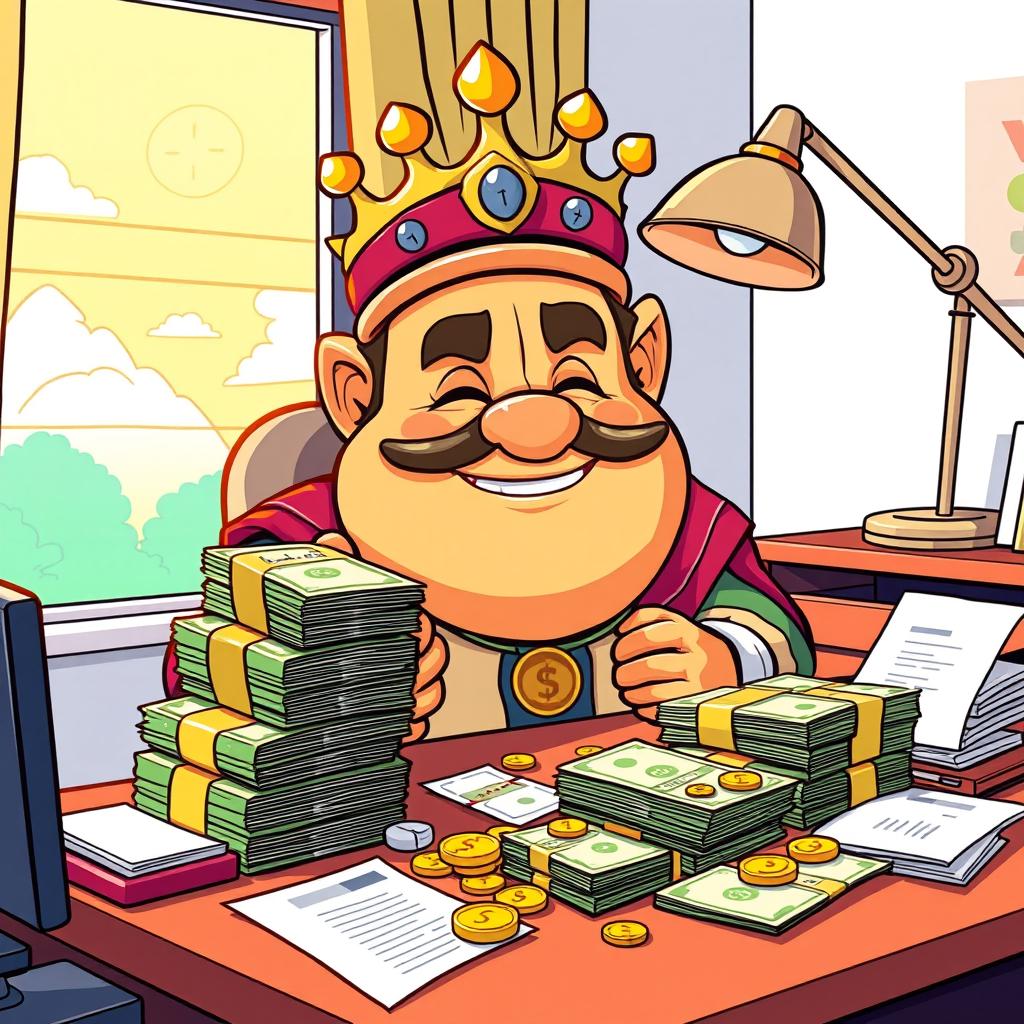 A cartoon character depiction of King Wart, also known as Mamu, sitting at an office table counting a large stack of money
