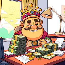 A cartoon character depiction of King Wart, also known as Mamu, sitting at an office table counting a large stack of money
