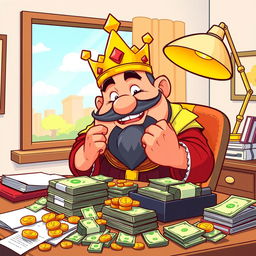 A cartoon character depiction of King Wart, also known as Mamu, sitting at an office table counting a large stack of money