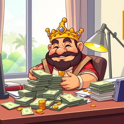 A cartoon character depiction of King Wart, also known as Mamu, sitting at an office table counting a large stack of money