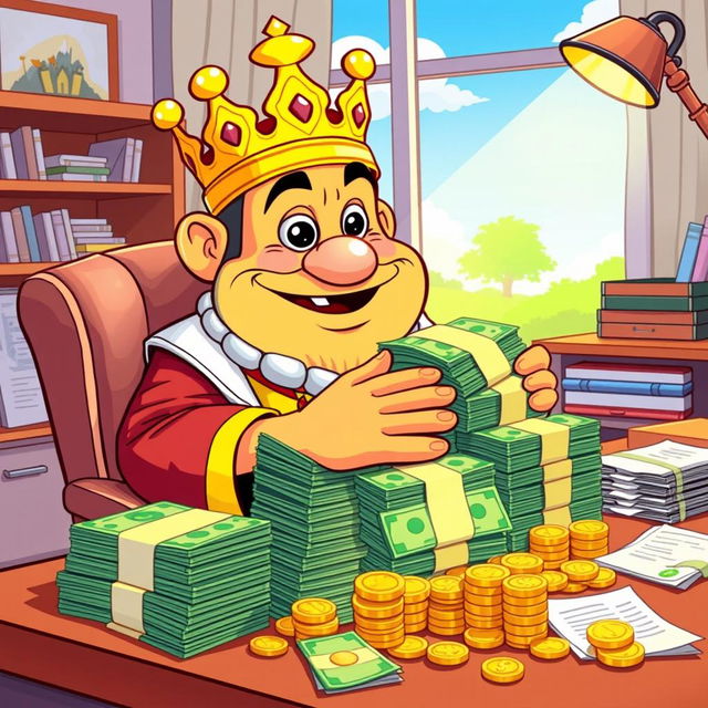 A cartoon character depiction of King Wart, also known as Mamu, sitting at an office table counting a large stack of money