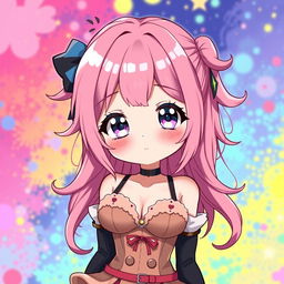 A cute anime girl with a round face and large breasts, featuring delightful pink hair that cascades down her back