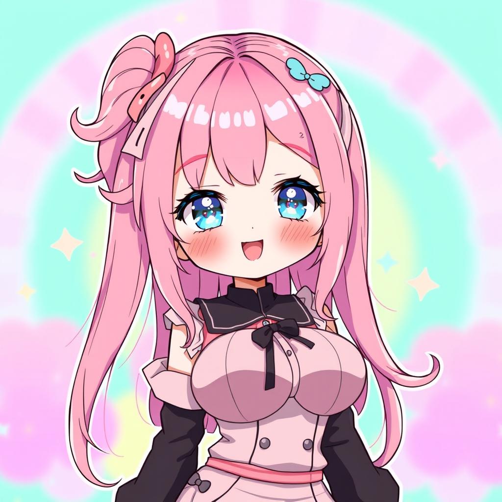 A cute anime girl with a round face and large breasts, featuring delightful pink hair that cascades down her back