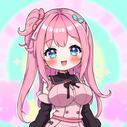 A cute anime girl with a round face and large breasts, featuring delightful pink hair that cascades down her back