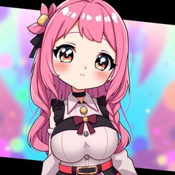 A cute anime girl with a round face and large breasts, featuring delightful pink hair that cascades down her back