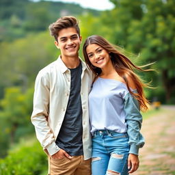 A gorgeous 18-year-old brother and his beautiful sister, exuding charm and style as they pose together in a picturesque outdoor setting