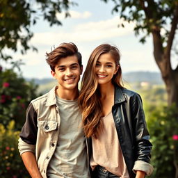 A gorgeous 18-year-old brother and his beautiful sister, exuding charm and style as they pose together in a picturesque outdoor setting