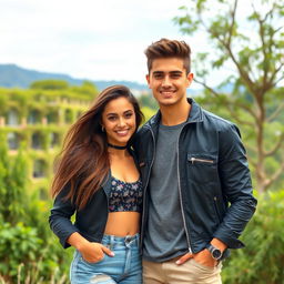 A gorgeous 18-year-old brother and his beautiful sister, exuding charm and style as they pose together in a picturesque outdoor setting