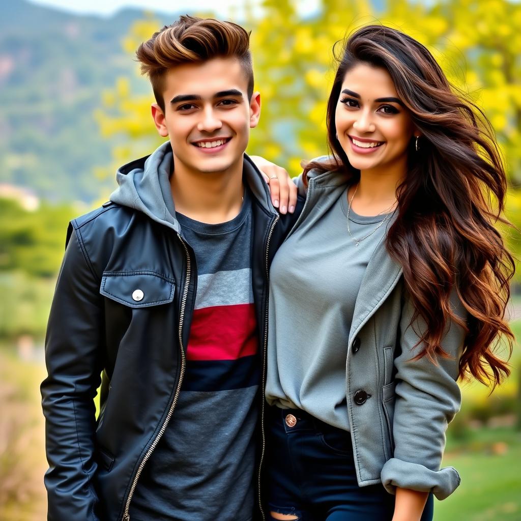 A gorgeous 18-year-old brother and his beautiful sister, exuding charm and style as they pose together in a picturesque outdoor setting