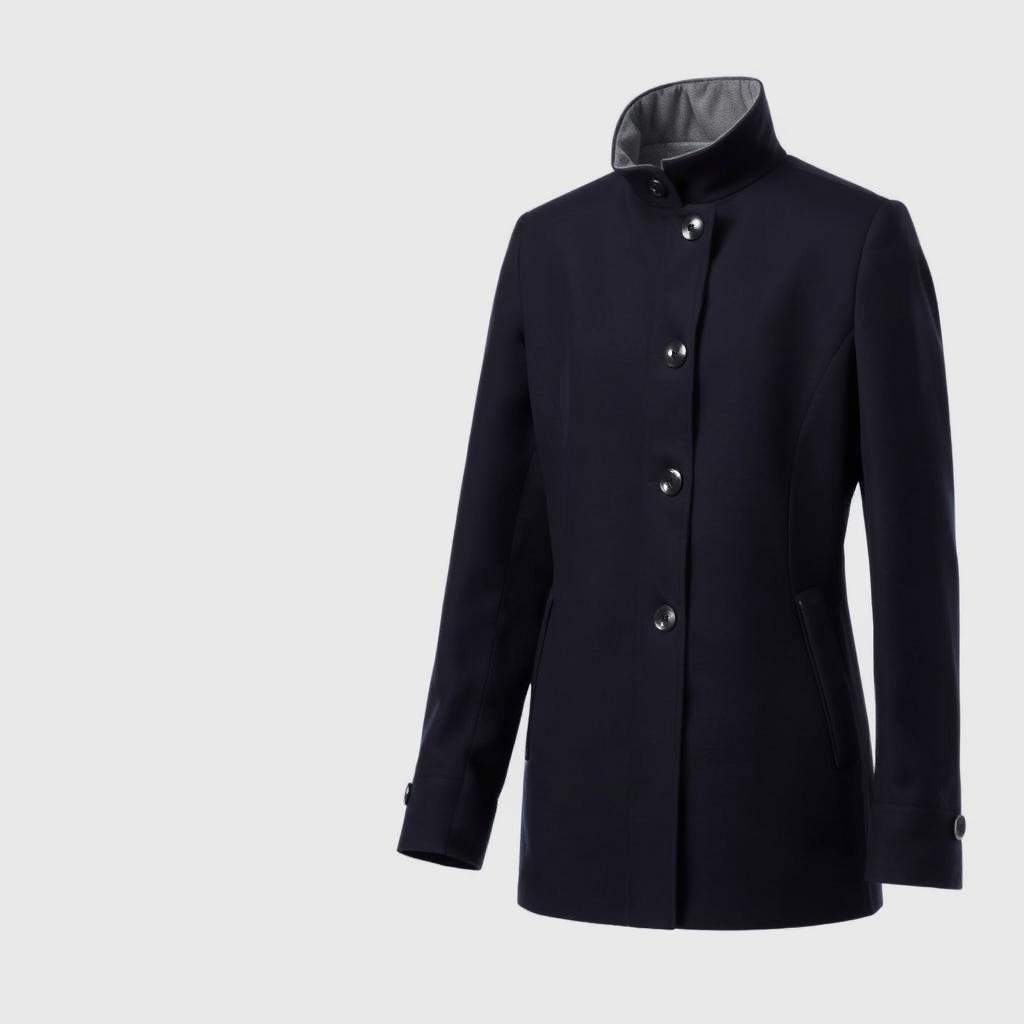 A jacket with a straight cut design, featuring a high collar, button closure, and two front pockets