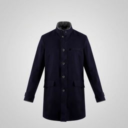 A jacket with a straight cut design, featuring a high collar, button closure, and two front pockets