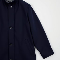 A jacket with a straight cut design, featuring a high collar, button closure, and two front pockets