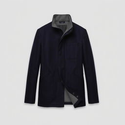 A jacket with a straight cut design, featuring a high collar, button closure, and two front pockets