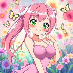 A cartoon anime girl with a round face, large breasts, and long pink hair, posed in a confident and alluring way