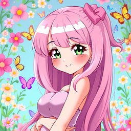 A cartoon anime girl with a round face, large breasts, and long pink hair, posed in a confident and alluring way