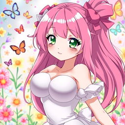 A cartoon anime girl with a round face, large breasts, and long pink hair, posed in a confident and alluring way