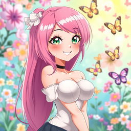 A cartoon anime girl with a round face, large breasts, and long pink hair, posed in a confident and alluring way