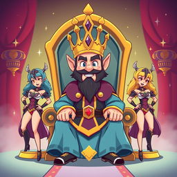 A cartoon-style illustration of King Wart (Mamu) sitting on an elaborate throne, with a whimsical and regal atmosphere