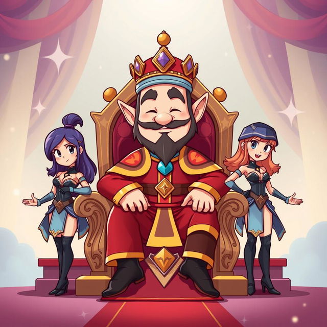 A cartoon-style illustration of King Wart (Mamu) sitting on an elaborate throne, with a whimsical and regal atmosphere