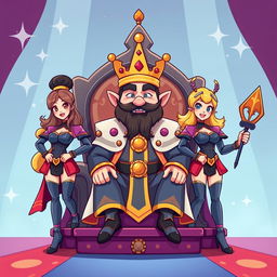 A cartoon-style illustration of King Wart (Mamu) sitting on an elaborate throne, with a whimsical and regal atmosphere