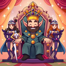 A cartoon-style illustration of King Wart (Mamu) sitting on an elaborate throne, with a whimsical and regal atmosphere