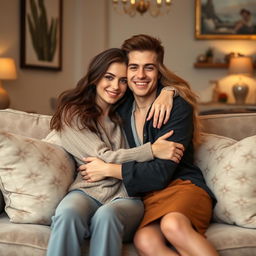 A gorgeous 18-year-old European brother and sister hugging on a plush sofa, radiating warmth and affection