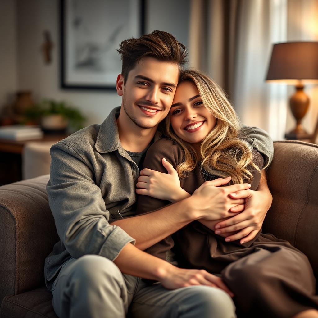 A gorgeous 18-year-old European brother and sister hugging on a plush sofa, radiating warmth and affection