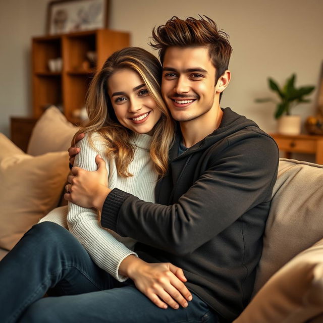 A gorgeous 18-year-old European brother and sister hugging on a plush sofa, radiating warmth and affection