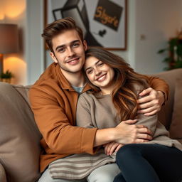 A gorgeous 18-year-old European brother and sister hugging on a plush sofa, radiating warmth and affection