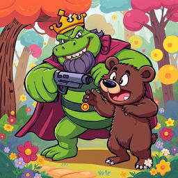 A cartoon-style vector illustration of King Wart (also known as Mamu) dramatically pointing a cartoonish gun at a bear
