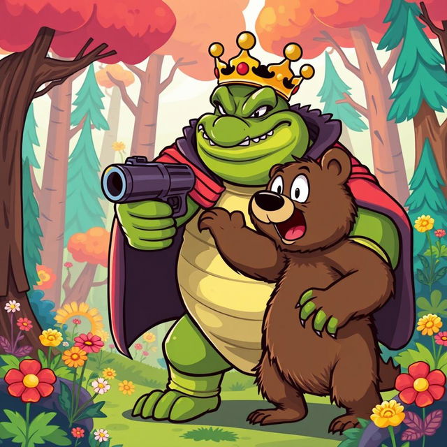 A cartoon-style vector illustration of King Wart (also known as Mamu) dramatically pointing a cartoonish gun at a bear