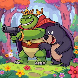 A cartoon-style vector illustration of King Wart (also known as Mamu) dramatically pointing a cartoonish gun at a bear