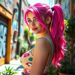 A beautiful girl with vibrant pink hair, featuring an hourglass figure with an emphasis on her curvy bust