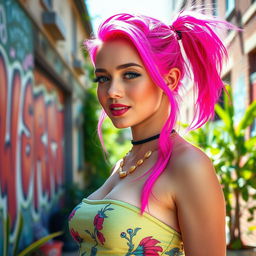 A beautiful girl with vibrant pink hair, featuring an hourglass figure with an emphasis on her curvy bust